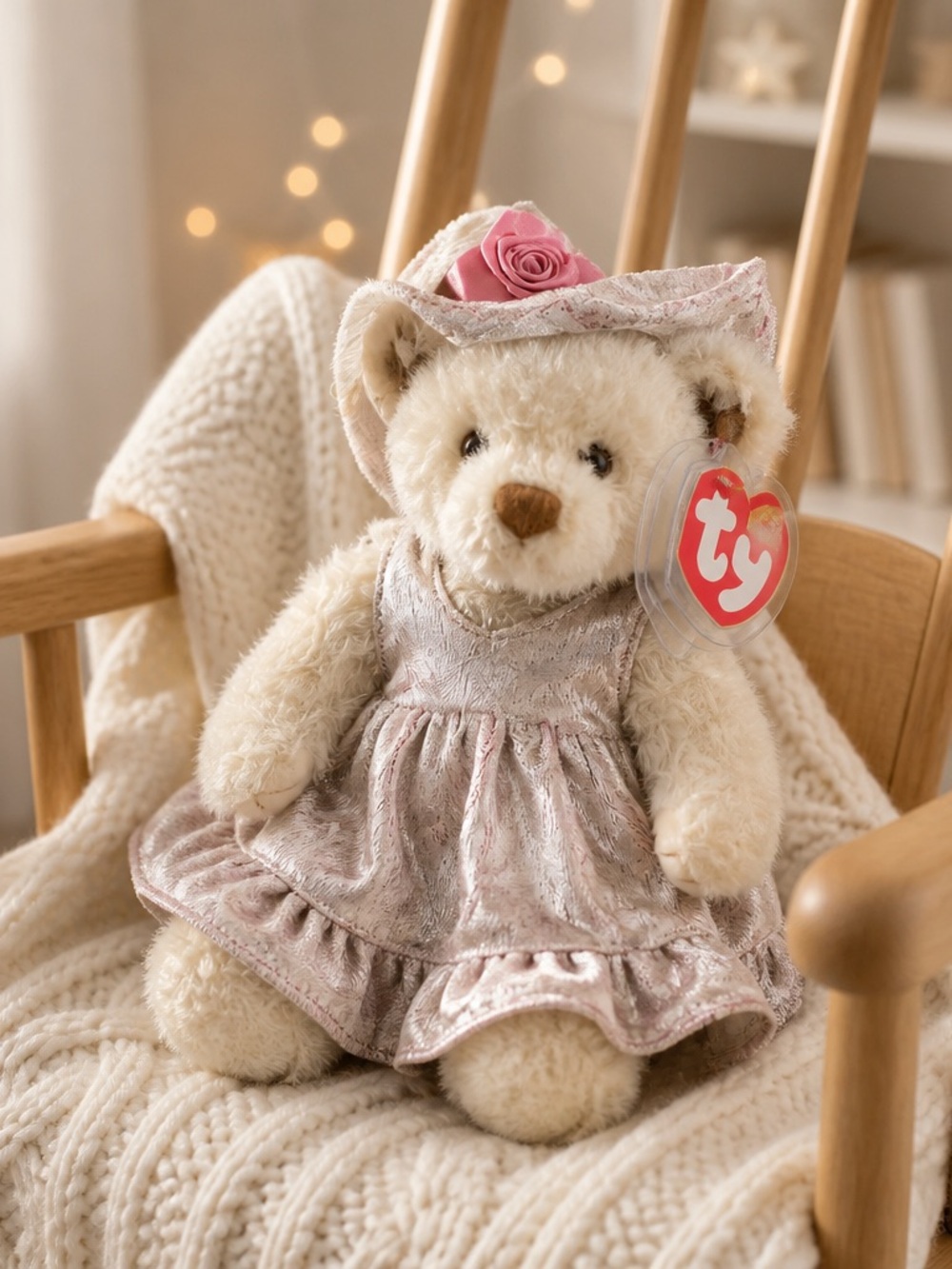 TY Cream Bear with Pink Dress and Rose Hat